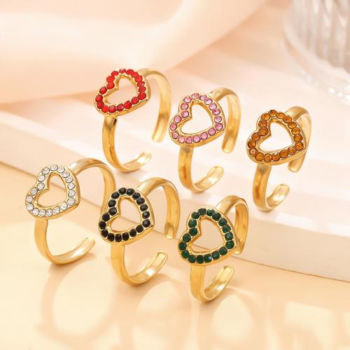 304 Nerūdijantis plienas Cuff Finger Ring, Širdis, padengtą, moters & su Kalnų krištolas & tuščiaviduris, daugiau spalvų pasirinkimas, Dydis:6.5, Pardavė PC