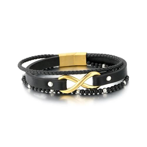 Titanium Steel Bracelet with PU Leather & Agate Infinity plated fashion jewelry & multilayer & for man Sold By PC