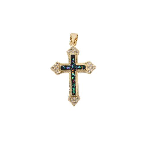 Prás Pendants Tras, le Opal & Shell, Cross, dath an óir plated, DIY & micrea réiteach zirconia ciúbach, dathanna níos mó le haghaidh rogha, 22x32mm, Díolta De réir PC