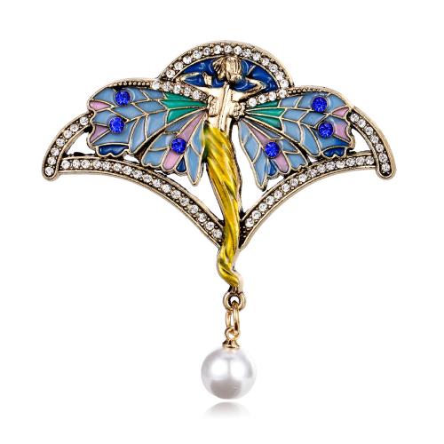 Zink Alloy Brosch, med Plast Pearl, Angel, guldfärg pläterade, Unisex & emalj & med strass, 61x62mm, Säljs av PC