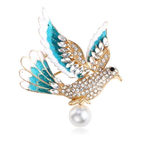 Zinc Alloy Broche, met Plastic Pearl, Duif, gold plated, uniseks & glazuur & met strass, 46x54mm, Verkocht door PC