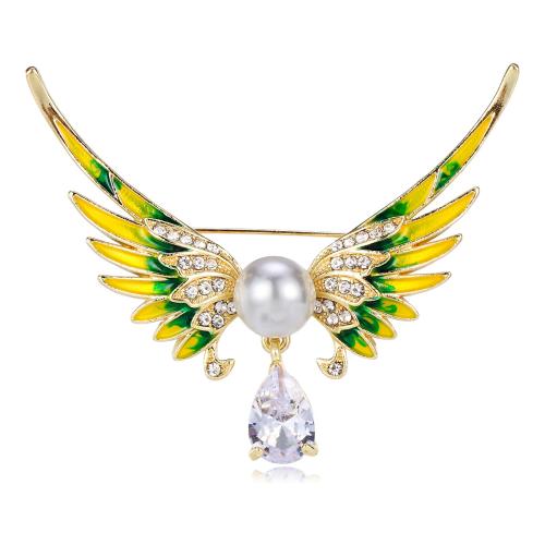 Zinc Alloy Brooch with Plastic Pearl Angel Wing gold color plated Unisex & enamel & with rhinestone Sold By PC