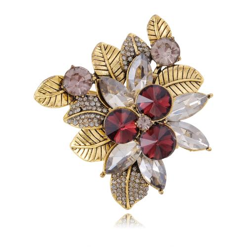 Zinc Alloy Broche, met Glas, Bloem, gold plated, uniseks & met strass, 52x57mm, Verkocht door PC