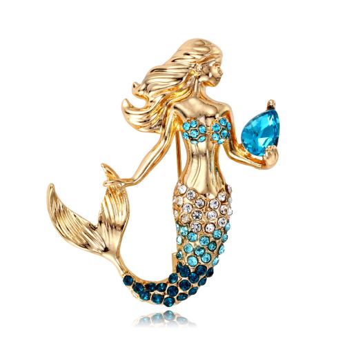 Zinc Alloy Broche, met Glas, Zeemeermin, gold plated, voor vrouw & met strass, meer kleuren voor de keuze, 36x44mm, Verkocht door PC