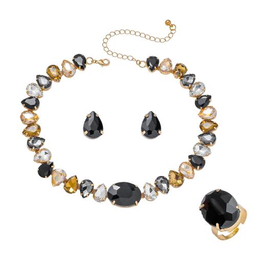 cristallo set di gioielli fashion, Orecchino a bottone & anello dito & Collana, with lega in zinco, placcato, tre pezzi & per la donna, più colori per la scelta, Venduto da set