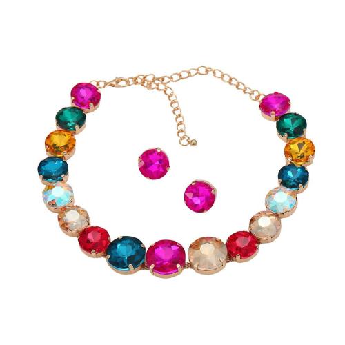 cristallo set di gioielli fashion, Orecchino a bottone & Collana, with ottone, placcato, 2 pezzi & per la donna & con strass, più colori per la scelta, Venduto da set