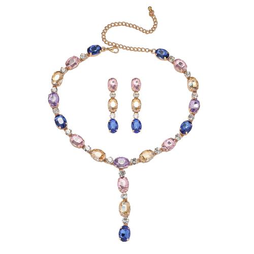 cristallo set di gioielli fashion, orecchino & Collana, with lega in zinco, with 13cm extender chain, placcato, 2 pezzi & per la donna & con strass, più colori per la scelta, earring size 52x18mm, Lunghezza Appross. 36.5 cm, Venduto da set