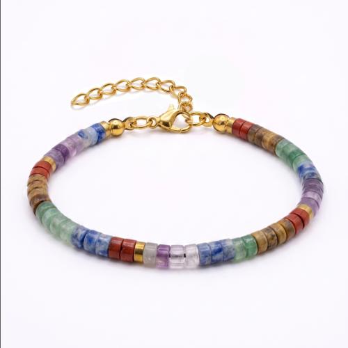 Gemstone Браслеты, Полудрагоценный камень, с нержавеющая сталь, Другое покрытие, ювелирные изделия моды & Мужская & регулируемый, разноцветный, Продан через Приблизительно 17 см Strand