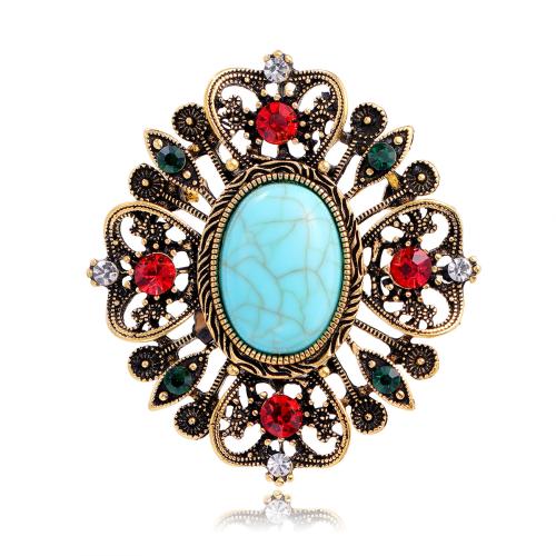 alliage de zinc broche, avec turquoise synthétique, Placage, unisexe & avec strass, couleur or antique, 58x64mm, Vendu par PC