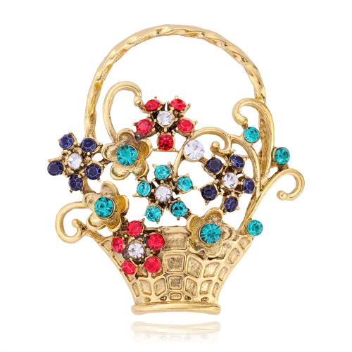 Zinek Brož, Flower Basket, á, unisex & s drahokamu & dutý, zlatý, 58x66mm, Prodáno By PC