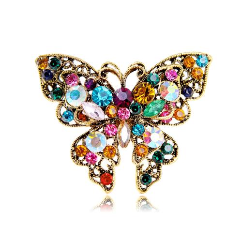 alliage de zinc broche, papillon, Plaqué de couleur d'or antique, unisexe & avec strass, 55x45mm, Vendu par PC