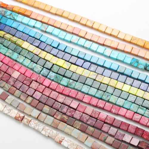 Impression Jasper Bead, Square, poleret, du kan DIY & dobbelt-hullers, flere farver til valg, 3x6x6mm, 33pc'er/Strand, Solgt af Strand