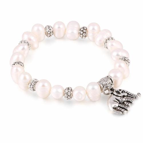 Freshwater Pearl Bracelet with Zinc Alloy Elephant vintage & for woman white Length Approx 7 Inch Sold By PC