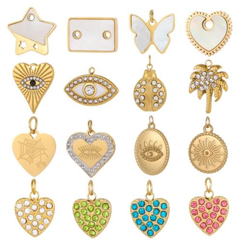 Stainless Steel Pendants 304 Stainless Steel with White Shell gold color plated DIY & with rhinestone Sold By PC