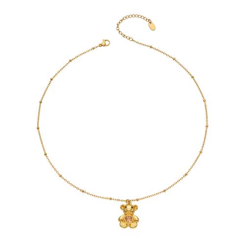 304 Stainless Steel Necklace with 5cm extender chain Bear gold color plated micro pave cubic zirconia & for woman Length Approx 40 cm Sold By PC