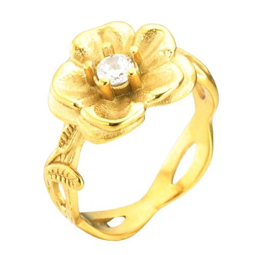 316L Stainless Steel Finger Ring, Cvijet, pozlaćen, bez spolne razlike & različite veličine za izbor & s Rhinestone, više boja za izbor, Veličina:7-13, Prodano By PC