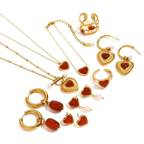 304 rostfritt stål Smycken Set, med Red Agate, guldfärg pläterade, olika stilar för val & för kvinna, Säljs av PC