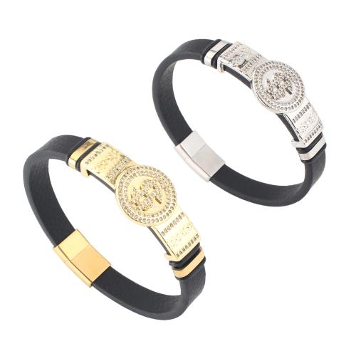 Microfiber PU Armband, met Messing, Dollarteken, plated, uniseks & micro pave zirconia, meer kleuren voor de keuze, 214x10x4mm, Verkocht door PC