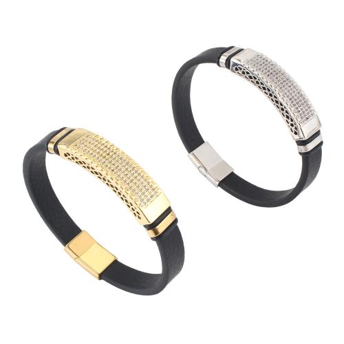 Microfiber PU Armbånd, med Messing, forgyldt, Unisex & Micro Pave cubic zirconia, flere farver til valg, 214x10x4mm, Solgt af PC
