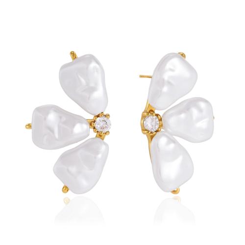 304 nehrđajućeg čelika Stud naušnica, s Plastična Pearl, zlatna boja pozlaćen, micro utrti kubni cirkonij & za žene, 18.80x33.20mm, Prodano By par