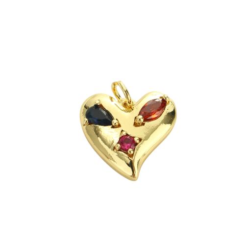 Cilindrata Zircone micro pavimenta il pendente di ottone, Cuore, placcato oro vero, DIY & Micro spianare cubic zirconia, 15.40x15.90x4.20mm, Foro:Appross. 3.5mm, Venduto da PC