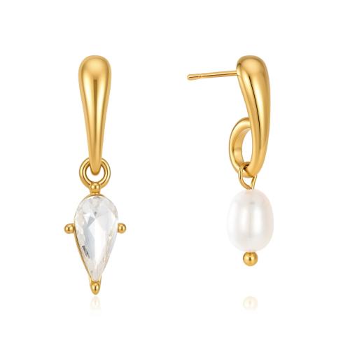 304 rostfritt stål asymmetriska Örhängen, med Freshwater Pearl, guldfärg pläterade, mode smycken & för kvinna & med strass, Säljs av Par