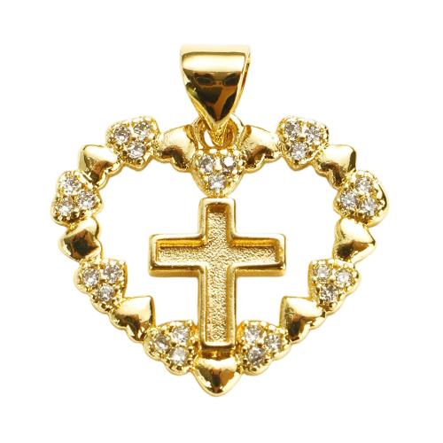 Cúbicos Circonia Colgante Latón Micro pavimenta, metal, Corazón y Cruz, chapado en oro real, Bricolaje & micro arcilla de zirconia cúbica & hueco, 18x22x2mm, agujero:aproximado 7x5mm, Vendido por UD