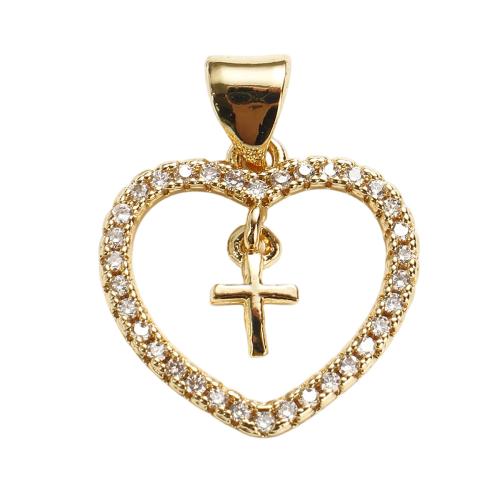 Cilindrata Zircone micro pavimenta il pendente di ottone, Cuore e Croce, placcato oro vero, DIY & Micro spianare cubic zirconia & cavo, 15x17x2mm, Foro:Appross. 7x5mm, Venduto da PC