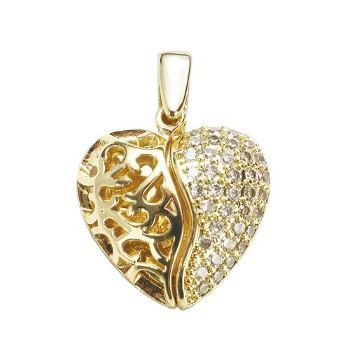 Cilindrata Zircone micro pavimenta il pendente di ottone, Cuore, placcato oro vero, DIY & Micro spianare cubic zirconia, 25x18x5mm, Foro:Appross. 7x5mm, Venduto da PC