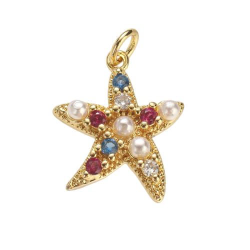 Cubic Zirconia Micro Pave bronze Pingente, cobre, with Concha de resina, Estrela do mar, banhado a ouro genuino, DIY & micro pavimento em zircônia cúbica, 18x16x4mm, Buraco:Aprox 4mm, vendido por PC