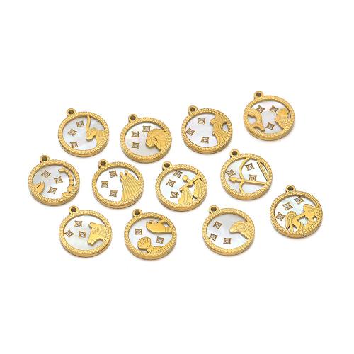 Prirodni White Shell Privjesci, 304 nehrđajućeg čelika, s Bijela Shell, 12 Znakova zodijaka, zlatna boja pozlaćen, možete DIY & različitih dizajna za izbor & s Rhinestone, 15mm, 3računala/Torba, Prodano By Torba
