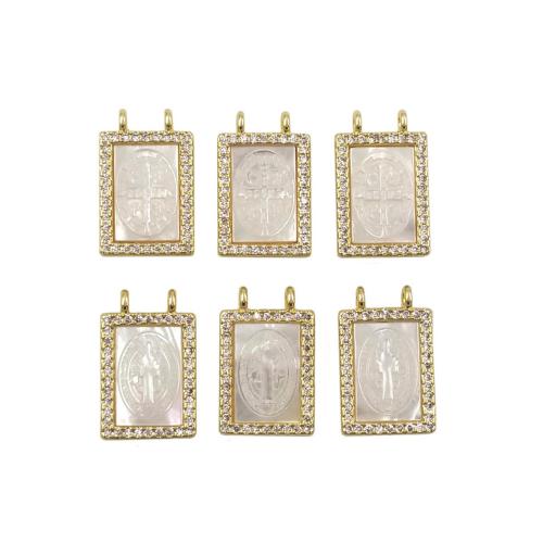 Pendentifs de coquillages blancs naturels, coquille blanche, avec alliage de zinc, rectangle, Placage de couleur d'or, DIY & styles différents pour le choix & pavé de micro zircon, 11.50x15mm, Vendu par PC