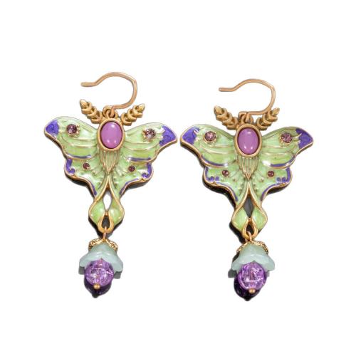 laiton Boucle d'oreille goutte, papillon, Placage de couleur d'or, pour femme & émail & avec strass, 38x69mm, Vendu par paire