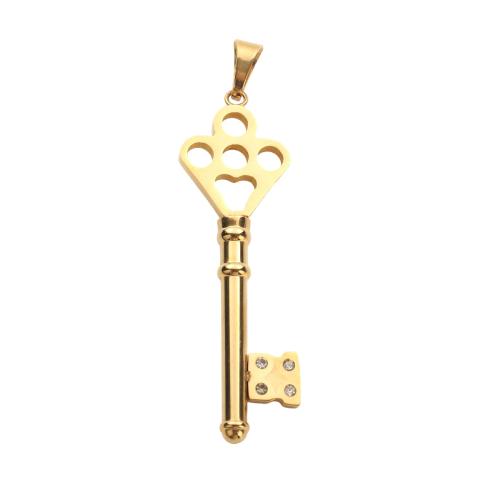 Bijoux pendentifs en acier inoxydable , Acier inoxydable 304, clé, Placage de couleur d'or, DIY & avec strass, 60.70x18.50x4.20mm, Vendu par PC