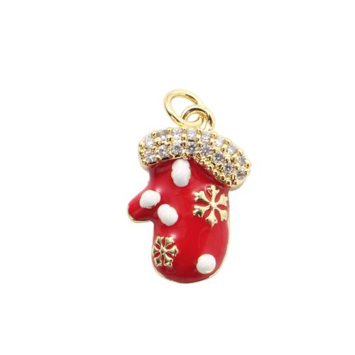 Kubni cirkonij Micro Pave Brass Privjesak, Mesing, Božićni rukavice, zlatna boja pozlaćen, Božićni dizajn & možete DIY & micro utrti kubni cirkonij & emajl, 19.10x13x4.70mm, Prodano By PC