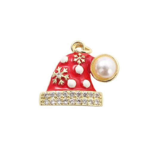 Kubni cirkonij Micro Pave Brass Privjesak, Mesing, s Plastična Pearl, Božić Hat, zlatna boja pozlaćen, Božićni dizajn & možete DIY & micro utrti kubni cirkonij & emajl, 17x19.50x3.90mm, Prodano By PC