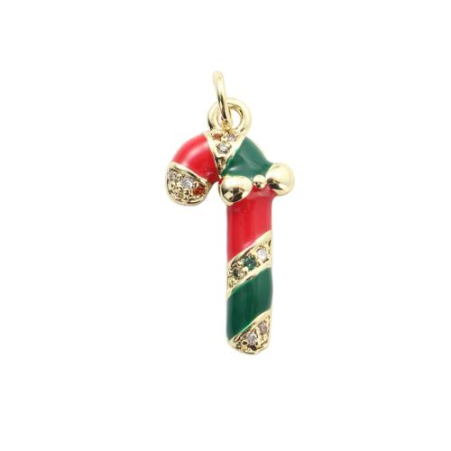 Kubni cirkonij Micro Pave Brass Privjesak, Mesing, Božić Candy Cane, zlatna boja pozlaćen, Božićni dizajn & možete DIY & micro utrti kubni cirkonij & emajl, 22x10.80x3.40mm, Prodano By PC