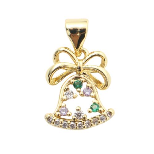Kubni cirkonij Micro Pave Brass Privjesak, Mesing, Božićni Bell, zlatna boja pozlaćen, Božićni dizajn & možete DIY & micro utrti kubni cirkonij & šupalj, 14x11.30x3mm, Prodano By PC