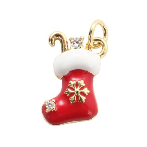 Messing hanger met micro-paved kubieke zirconia's, Kerst Sok, gold plated, DIY & micro pave zirconia & glazuur, 15.80x12.30x3.80mm, Verkocht door PC