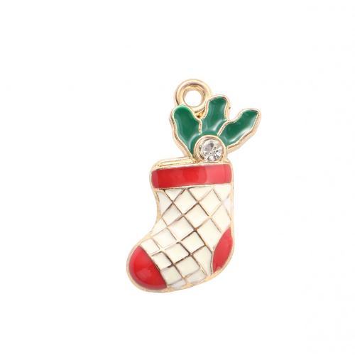 Ciondoli Natale in lega di zinco, lega in zinco, Calza Natalizia, placcato color oro, DIY & smalto & con strass, 23.90x17x3.10mm, Venduto da PC