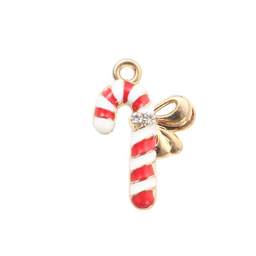 Ciondoli Natale in lega di zinco, lega in zinco, Barra di zucchero natalizia, placcato color oro, DIY & smalto & con strass, 22x14.50x2.50mm, Venduto da PC