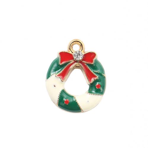 Ciondoli Natale in lega di zinco, lega in zinco, Ghirlanda natalizia, placcato color oro, DIY & smalto & con strass, 19.10x15.50x4.30mm, Venduto da PC