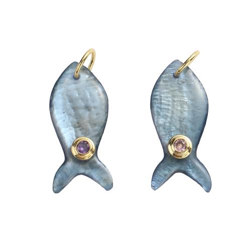 Shell Pakabukai, Žalvarinis, su Apvalkalas, Žuvis, nekilnojamojo paauksuoti, Pasidaryk pats & mikro nutiesti kubinių Zirconia, 25.60x11.10x2.90mm, Skylė:Apytiksliai 5.5mm, Pardavė PC
