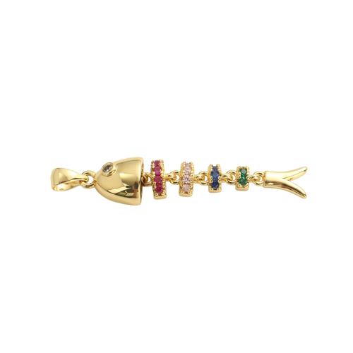 Cubique Pendentif en laiton zircon pavent, Squelette de poisson, Plaqué d'or, DIY & pavé de micro zircon, 45x8.90mm, Trou:Environ 5.8x3mm, Vendu par PC