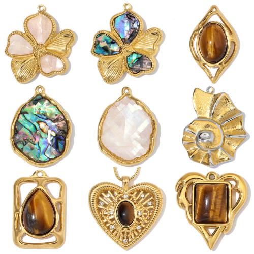 Bijoux pendentifs en acier inoxydable , Acier inoxydable 304, avec pierre gemme & coquille, Placage, DIY & styles différents pour le choix & avec strass, 3PC/sac, Vendu par sac