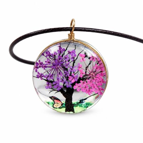 Sklo Náhrdelník, s Sušený květ & Vosk & Zinek, s 5cm extender řetězce, Flat Round, módní šperky & pro ženy, více barev na výběr, pendant size 30x30mm, Délka Cca 42 cm, Prodáno By PC