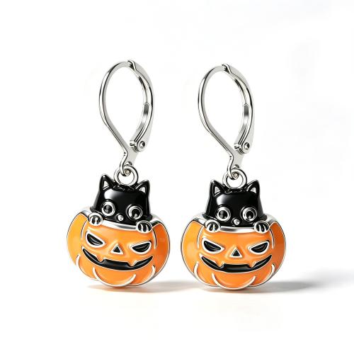 Brass Lever Back Earring Pumpkin plated Halloween Design & for woman & enamel Sold By Pair