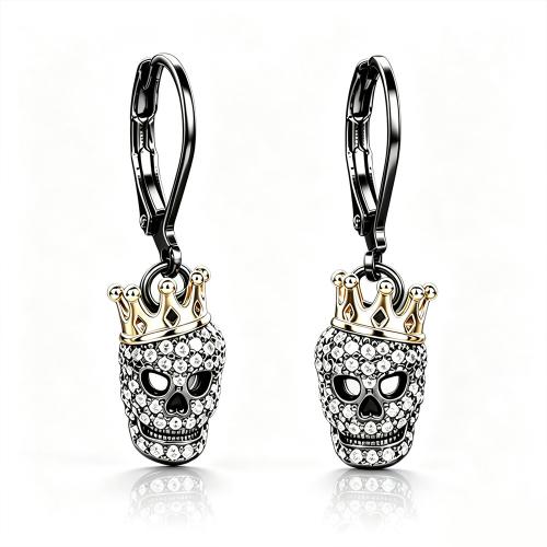 Brass Lever Back Earring Skull plated Halloween Design & for woman & with rhinestone Sold By Pair