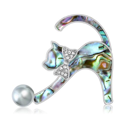 coquille d'ormeau broche, avec alliage de zinc, chat, unisexe & avec strass, 39x34mm, Vendu par PC
