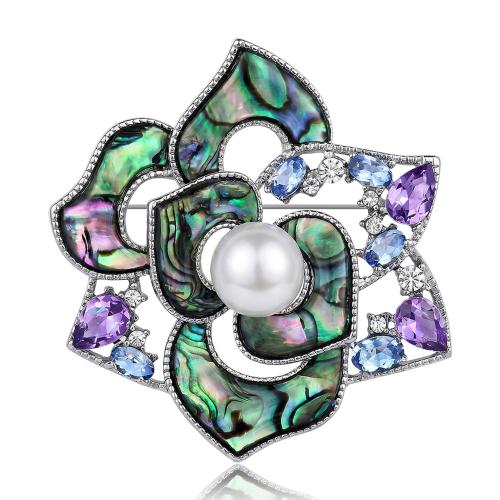 alliage de zinc broche, avec coquille d'ormeau & perle de plastique, Rose, Placage de couleur platine, pour femme & avec strass, 44x45mm, Vendu par PC